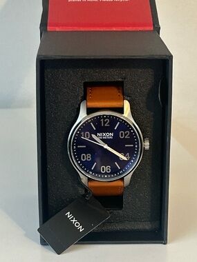 NIXON Patrol Leather 42mm Men's Watch Navy/Saddle New In Box